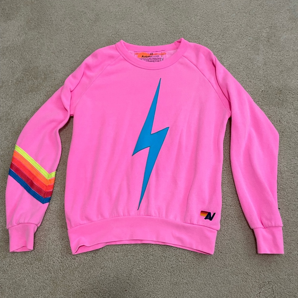 Aviator Nation Pink Crew Sweatshirt with Blue Bolt, NWT, size XS